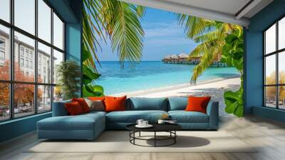 Amazing travel landscape Luxury hotel with water villas and palm tree leaves over white sand close to blue sunny sea sky seascape Beach Summer vacation and holiday beach resort on trop : Generative AI Wall mural