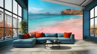 An Exotic Pink Beach Long Beach and blue clear water in Padar Island Labuan Bajo : Generative AI Wall mural