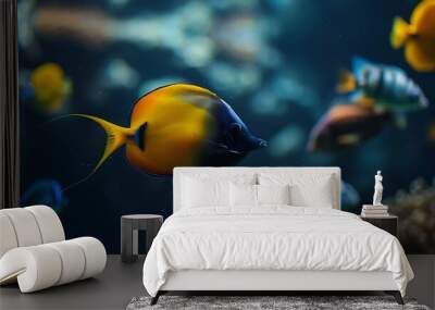 aquarium colourfull fishes in dark deep blue water : Generative AI Wall mural