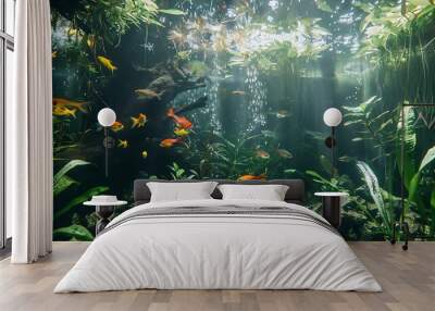 Aquarium with tropical fish jungle landscape with nature forest design tank with variety plants fish drift wood rock stone underwater landscape with a variety of aquatic plants inside : Generative AI Wall mural