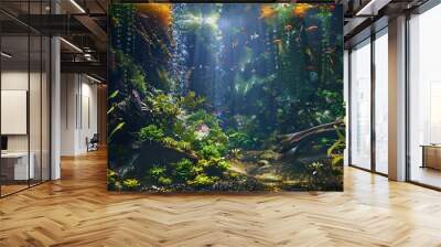 Aquarium with tropical fish jungle landscape with nature forest design tank with variety plants fish drift wood rock stone underwater landscape with a variety of aquatic plants inside : Generative AI Wall mural