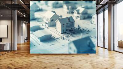 architectural model of houses on blueprint draw isolated on white background banner layout with copy space for building construction plan or real estate sale Image usable for concept o : Generative AI Wall mural