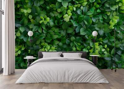 Artificial vertical green garden decoration on the wall for nature background Texture of small artificial green leaves plants and flowers plastic Ecology green world environmentally fr : Generative AI Wall mural