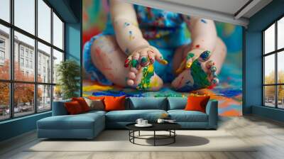 Artistic child Colorful childhood creative baby girl Early children education Creativity concept Little baby painting on doll Baby child draws with colored paints hands dirty feet and  : Generative AI Wall mural