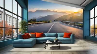 Asphalt highway road and mountain natural scenery at sunrise panoramic view : Generative AI Wall mural