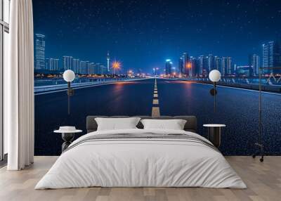 Asphalt road and bridge with modern city skyline at night in Ningbo Zhejiang Province China : Generative AI Wall mural