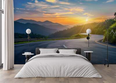 Asphalt road and mountain natural scenery at sunset Road and mountain background : Generative AI Wall mural