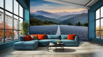 Asphalt road and mountain range natural landscape at sunrise panoramic view : Generative AI Wall mural