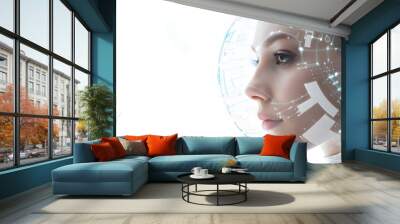 Attractive businesswoman with robot face on white background Digital interface with binary code and head with virtual globe in the foreground Concept of artificial intelligence Copy sp : Generative AI Wall mural