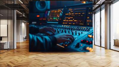 Audio expert working on editing music with daw software interface processing and mixing sounds in control room Skilled engineer operating on control panel board console mixer station : Generative AI Wall mural