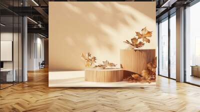 Autumn podium in two parts made of natural wood and autumn foliage The showcase for the presentation of goods and cosmetics is made of wood on a beige background Minimalistic branding  : Generative AI Wall mural