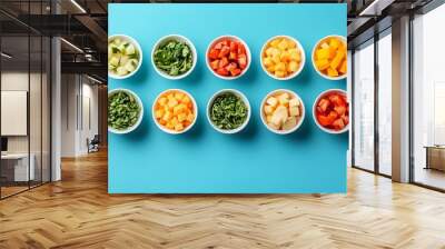 Baby finger food in bowls on blue background top view : Generative AI Wall mural