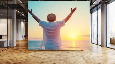 Back view of happy excited man raising arms up to blue sky - Hipster winner traveler enjoying summer sunset at the beach - Travel, mental health, success, business, tourism and life st : Generative AI Wall mural