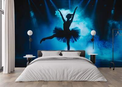 Ballerina in black tutu dress dancing on stage with magic blue light and smoke Silhouette of young attractive dancer in ballet shoes pointe performing in dark Copy space : Generative AI Wall mural