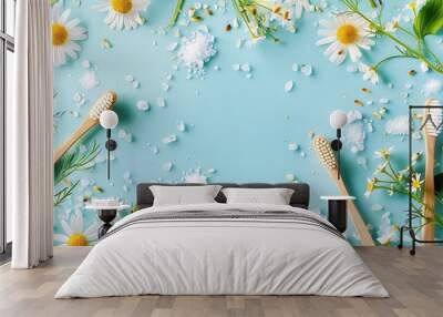 Bamboo toothbrushes beautiful chamomile flowers sea salt and herbs on turquoise background flat lay : Generative AI Wall mural