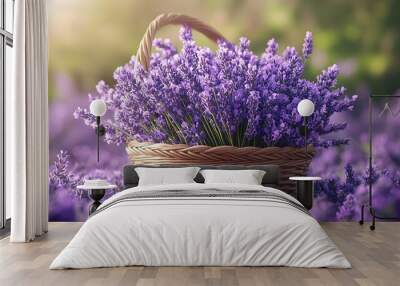 Basket with purple lavender flowers closeup Aromatherapy : Generative AI Wall mural