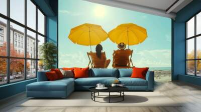 beach summer couple on island vacation holiday relax in the sun on their deck chairs under a yellow  Wall mural