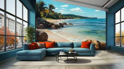 Beautiful beaches in Pipa Brazil All the colors of the beach Golden Sand Crystal clear ocean Palm trees and rocks : Generative AI Wall mural