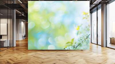 Beautiful blurred spring background nature with blooming glade trees and blue sky on a sunny day : Generative AI Wall mural