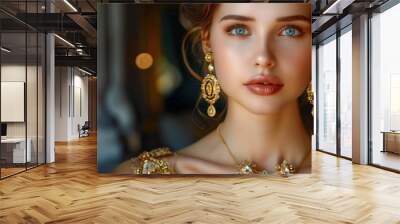 Beautiful young woman in luxury jewelry Gold earrings with precious stones and necklace : Generative AI Wall mural