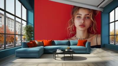 Beautiful young woman with stylish jewelry and magazine on red background : Generative AI Wall mural