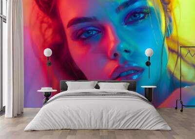 Beauty high fashion model girl in colorful bright neon lights posing in studio Portrait of beautiful woman in UV Art design colorful make up On colourful vivid glowing background art d : Generative AI Wall mural