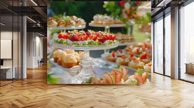 Big buffet of different delicious canapes at a wedding celebration outdoor Snacks for guests Diet food concept : Generative AI Wall mural