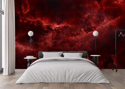 Black blood red fiery sky with clouds Horror background for design Dramatic frightening ominous skies Hell inferno Scary creepy evil spooky eerie Armageddon apocalypse concept : Generative AI Wall mural