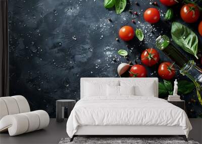 Black cooking background with useful cooking italian Mediterranean ingredients  tomatoes basil leaves greens olive oil salt pepper garlic flat lay black concrete table top view copy sp : Generative AI Wall mural