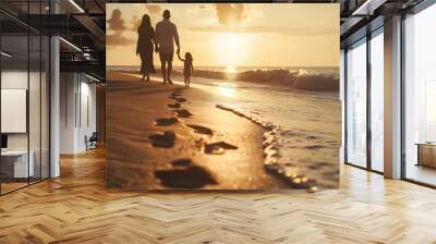 Black family sunset and beach walk during summer on vacation relaxing at a peaceful scenery by the ocean Sea footprints and parents with daughter child or kid with childhood freedom : Generative AI Wall mural