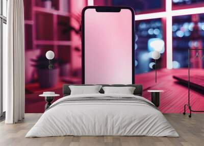 Blank smartphone mockup on wood desk with pink cinematic lighting Wall mural