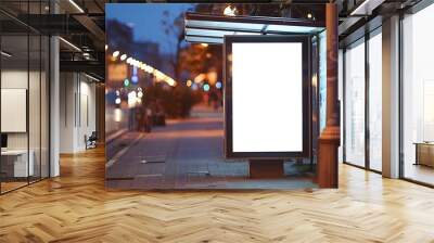 Blank vertical advertising poster banner mockup at empty bus stop shelter by main road blur background Outofhome OOH vertical billboard media display space under expressway highway : Generative AI Wall mural