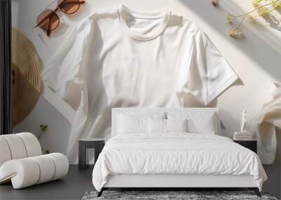 Blank white t shirt Flat lay top view travel fashion boho style look with woman clothes and accessories : Generative AI Wall mural