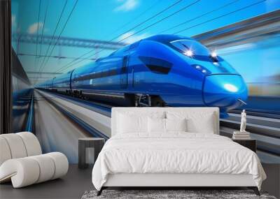 Blue high speed train runs on rail tracks  The train is going too fast as a result the air pressure is causing too much heat at the front : Generative AI Wall mural