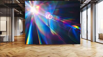 Blue light flare prism rainbow flares overlay effect on black background light crossing crystals prismatic sun catcher reflections rays Abstract blurred colourful lens flare bokeh on d : Generative AI Wall mural