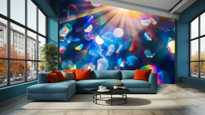 Blue light flare prism rainbow flares overlay effect on black background light crossing crystals prismatic sun catcher reflections rays Abstract blurred colourful lens flare bokeh on d : Generative AI Wall mural