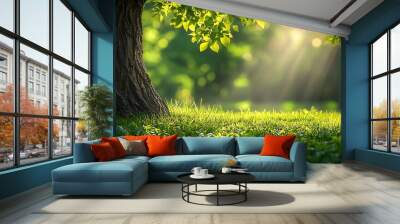 Blur background of sunlight shining though the tree with grass field Soft light nature photography Peaceful nature and solitude concept Design for relaxation and meditation spaces Clea : Generative AI Wall mural