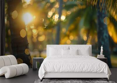 Blur nature bokeh green park by beach and tropical coconut trees in sunset time : Generative AI Wall mural