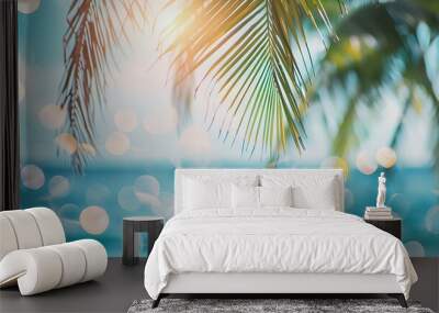 Blurred blue sky and sea with bokeh light and leaves of coconut palm tree Landscape of tropical summer Summer vacation concept : Generative AI Wall mural