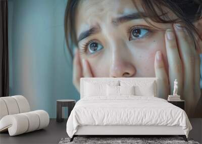 Bored insomnia asian young woman girl looking at mirror hand touching under eyes with problem of black circles or panda puffy swollen and wrinkle on face Sleepless sleepy healthcare pe : Generative AI Wall mural