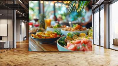 Breakfast in tropical hotel with sea view Buffet food in restaurant in modern resort Concept of travel and summer vacation : Generative AI Wall mural