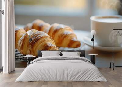 Breakfast view a bunch of croissant on a cooling rack and a cup of coffee Cozy home cafe vibe with white and wooden background and concept : Generative AI Wall mural