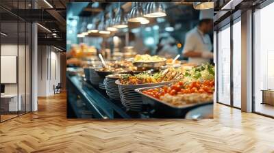 Buffet at hotel restaurant interior blur background with blurry open kitchen counter bar of food catering service business with chef staff cooking for breakfast lunch or dinner meal : Generative AI Wall mural