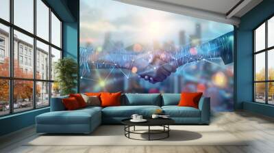 business man investor handshake with global network link connection and graph chart stock market diagram and city background, digital technology, internet communication, teamwork, part : Generative AI Wall mural