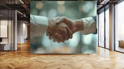 Business men handshake and worker hands in office with agreement deal or partnership Greeting welcome and onboarding at corporate company with professional contract and thank you at la : Generative AI Wall mural