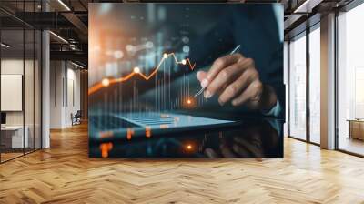 Businessman draw growth graph analysing stock market profit on global business investment. Banking, financial planning management strategy for business growth and success on data netwo : Generative AI Wall mural