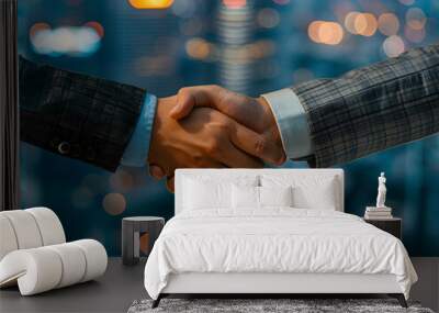 Businessmen shaking hands in the office with a city view background Wall mural