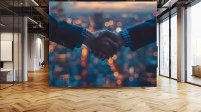 Businessmen shaking hands in the office with a city view background Wall mural