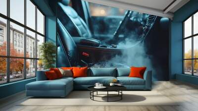 Car interior luxury service Details of car cleaning male using professional steam vacuum for dirty car interior : Generative AI Wall mural