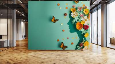 Cardboard silhouette of human head decorated with flowers and butterfly on mint background World mental health day concept Vertical banner Copy space : Generative AI Wall mural